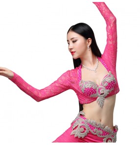 Women's belly dance lace long sleeves tops stage performance indian oriental practice dance belly short cropped blouses