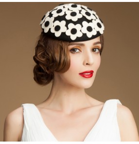 Women's black and ivory flower wedding pillbox hat mini fedoras 100% wool one size 
