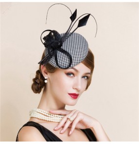 Women's black and white plaid pillbox wedding top hat fedoras 