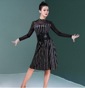 Women's black and white striped velvet long sleeves latin dance dress rumba salsa chacha dance dress 