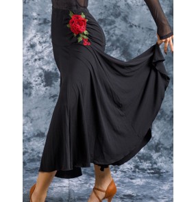 Women's black ballroom dancing skirts female lady rose flowers flamenco waltz tango dance skirts 