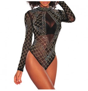 Women's black bling see through bodysuits singers jazz dance night club bar performance diamond jumpsuits gogo dancers sexy leotards for female