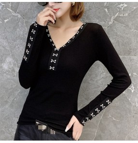 Women's black color rhinestone ballroom dance tops latin salsa rumba chacha dance blouses shirts for female