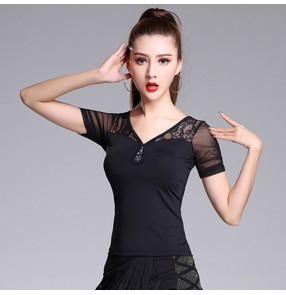 Women's black colored ballroom dance tops female stage performance latin dance blouses shirts