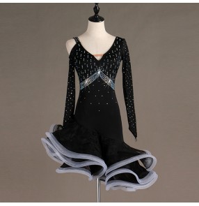 Women's black colored latin dance dresses rhinestones girls stage performance salsa rumba chacha dance skirts costumes dresses