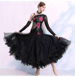 Women's black embroidered flowers diamond competition ballroom dancing dresses one shoulder waltz tango flamenco dresses