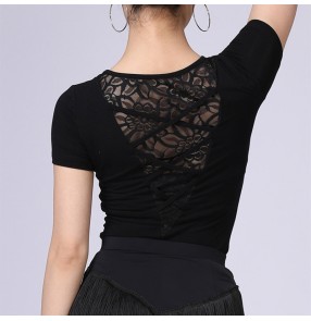 Women's black fashion chic latin dance tops lace flowers black ballroom chacha latin dance blouses for female