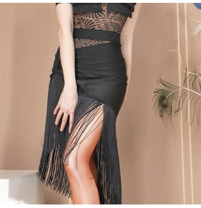 women's Black fringe latin dance skirt Black long tassels irregular dance skirt Cha Cha salsa performance dance practice skirt