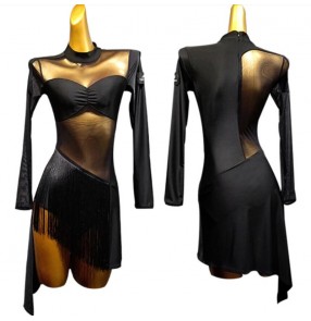 Women's black fringes latin dance dress salsa chacha dance bodysuit dresses