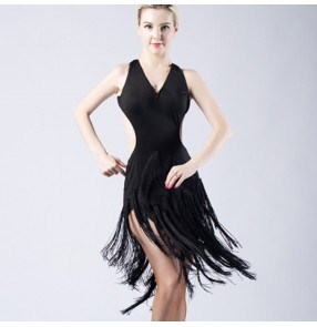 women's Black fringes latin dance dress salsa rumba chacha dance dress costumes