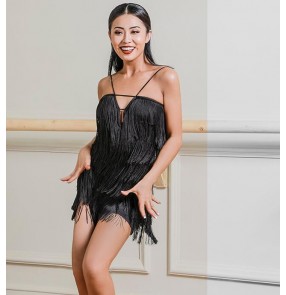 Women's black fringes latin dance dresses salsa rumba samba chacha dance dresses