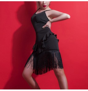 Women's black fringes latin dance dresses stage performance salsa rumba samba chacha dance dress