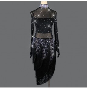 Women's black fringes rhinestones latin dance dresses stage performance rumba chacha dance dress costumes