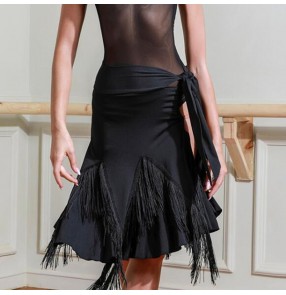 Women's black fringes side split sexy latin dance skirts salsa rumba chacha dance skirts