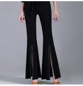 Women's black front split rhinestones ballroom latin dance pants ballroom wide leg  dance pants 