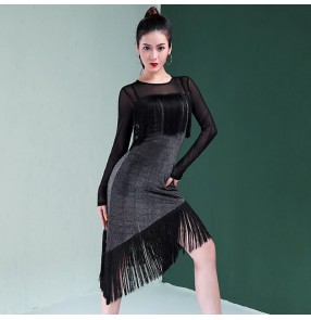 Women's black glitter fringes latin dance dresses for female salsa chacha dance dresses costumes