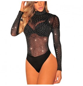 Women's black jazz dance bling bodysuits gogo dancers singers stage performance diamond jumpsuits mesh see through body tops for female 