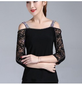 Women's black lace rhinestones ballroom dancing tops waltz tang latin dance shirts tops