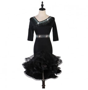 Women's black latin dance dresses diamond salsa chacha rumba dance dresses