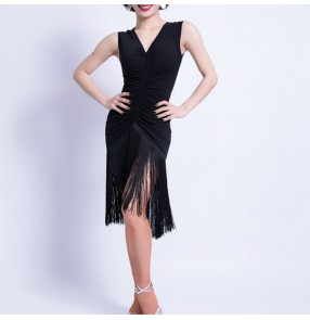 Women's black latin dance dresses fringes female competition rumba salsa chacha dance dress skirts costumes