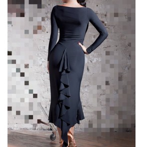 Women's black latin dance dresses long sleeves Latin dance performance dress with lace wrap hips back slit long sleeve boat neck dress