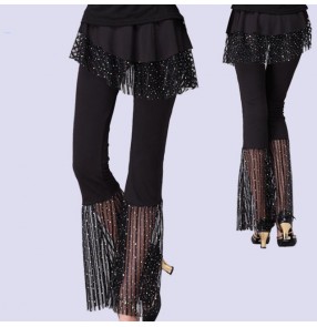 Women's black latin dance skirt pants salsa rumba ballroom square dance flare legs skirt pants