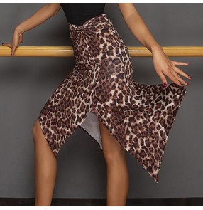 Women's black leopard irregular hem latin dance skirts rumba salsa chacha dance skirts for female