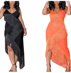Women's black orange fringes latin dance dress night club bar dance singers hot dance sling dresses