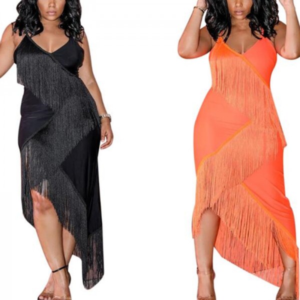 Women s black orange fringes latin dance dress night club bar dance singers hot dance sling dresses
