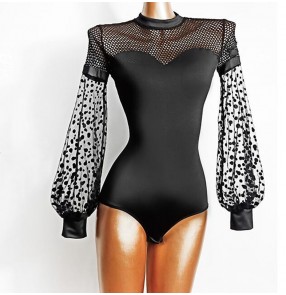 Women's black polka dot latin ballroom bodysuits modern dance salsa rumba chacha dance mesh patchwork flare sleeves body tops for female 