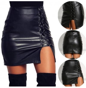 Women's black pu leather pencil fashion side split mini sexy skirts 