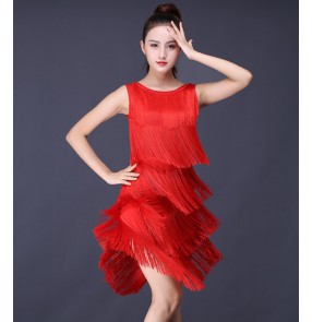 Women's black red colored tassels girls latin dance dresses rumba samba salsa chacha dance dresses 