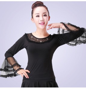 Women's black red flare sleeves latin ballroom dance tops rumba chacha dance tops shirts