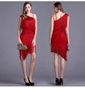 Women's black red fringes inclined shoulder latin dance dresses stage performance salsa rumba samba chacha dance dress