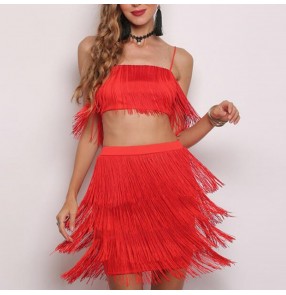 Women's black red fringes latin dance costumes dresses night club bar hot dance gogo dancers performance outfits