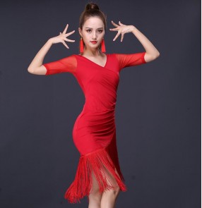 Women's black red fringes latin dance dresses salsa chacha rumba pratice dance performance dresses
