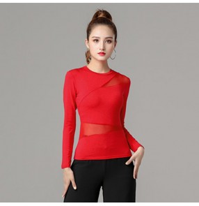 Women's black red latin ballroom dance tops salsa rumba chacha long sleeves square dance Aerobics practice tops for female