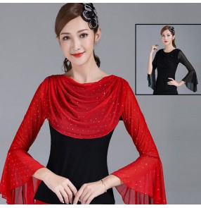 Women's black red latin ballroom dancing tops stage performance waltz tango performance tops 