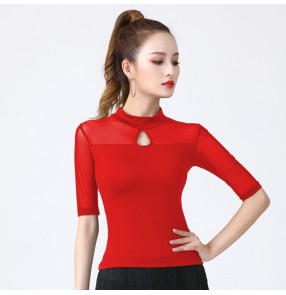 Women's black red  Latin dance clothes top performance dance clothes square dance practice clothes sleeve top