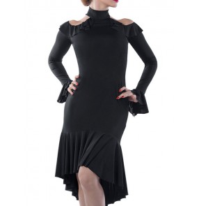 Women's black red Latin dance dresses female adult practice dance salsa dance clothes long-sleeved chacha dance strapless dress with slit