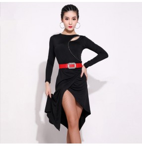 Women's black red latin dance dresses stage performance irregular hem salsa chacha dance dresses with sashes