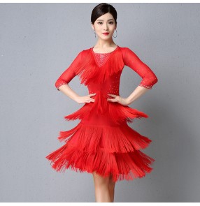 Women's black red orange  tassels competition latin dance dresses chacha rumba dance dress costumes