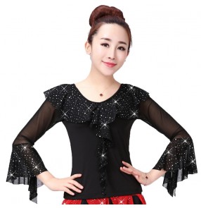 Women's black red sequins latin dance tops female ballroom waltz tango dance tops shirts blouses