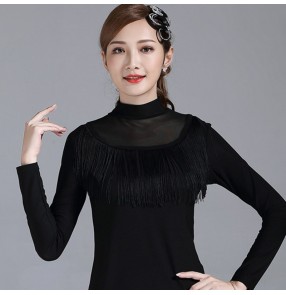 women's black red tassels latin dance tops sailor dance shirts Jitba three steps performance ballroom dance blouses long sleeve fringed top