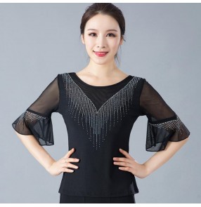 Women's black red violet ballroom dancing blouses shirts female stage performance waltz tango chacha rumba dancing tops 