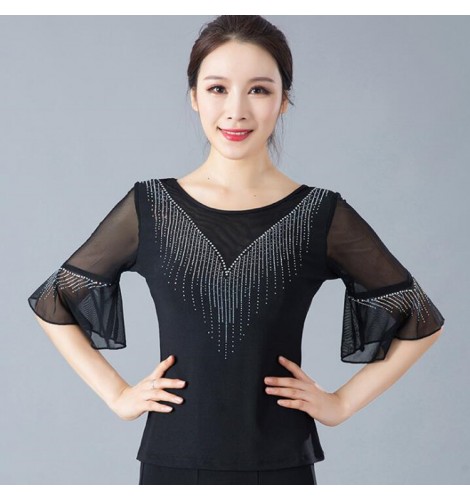 Womens Black Red Violet Ballroom Dancing Blouses Shirts Female Stage Performance Waltz Tango 