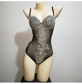 Women's black rhinestones jazz dance jumpsuits costumes for female singers gogo dancers model show performance night club dj dancing bodysuits