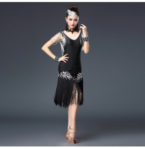 Women's black rhinestones latin dresses  girls black stage performance professional tassels salsa chacha rumba samba dancing dresses