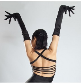 Women's black satain latin chacha samba dance long gloves evening party performance gloves