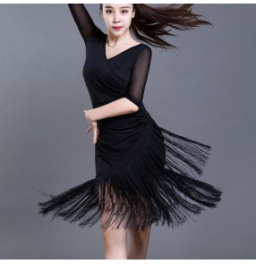 Women's black tassels latin dance dresses salsa rumba chacha dance dress skirts costumes for female